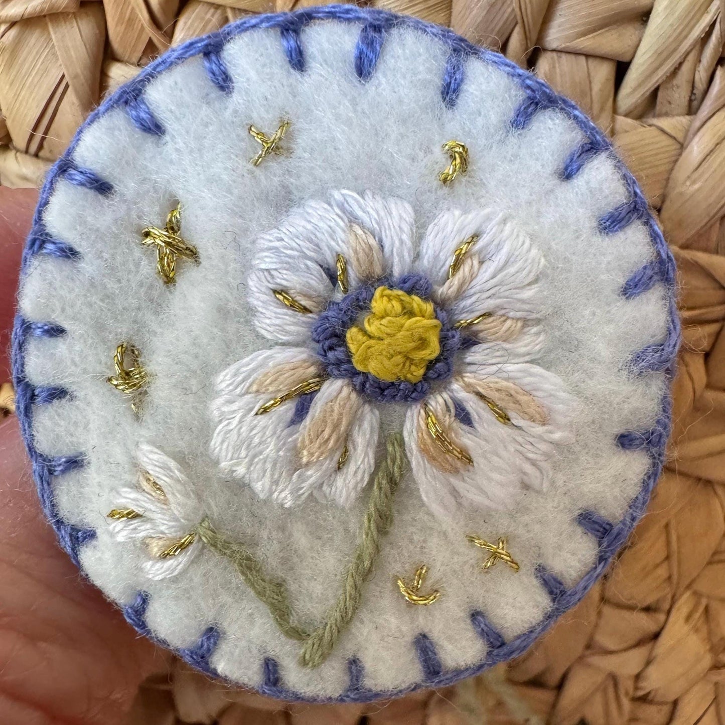 Hand Embroidered Felt Brooch Pin - white flower with sparkles