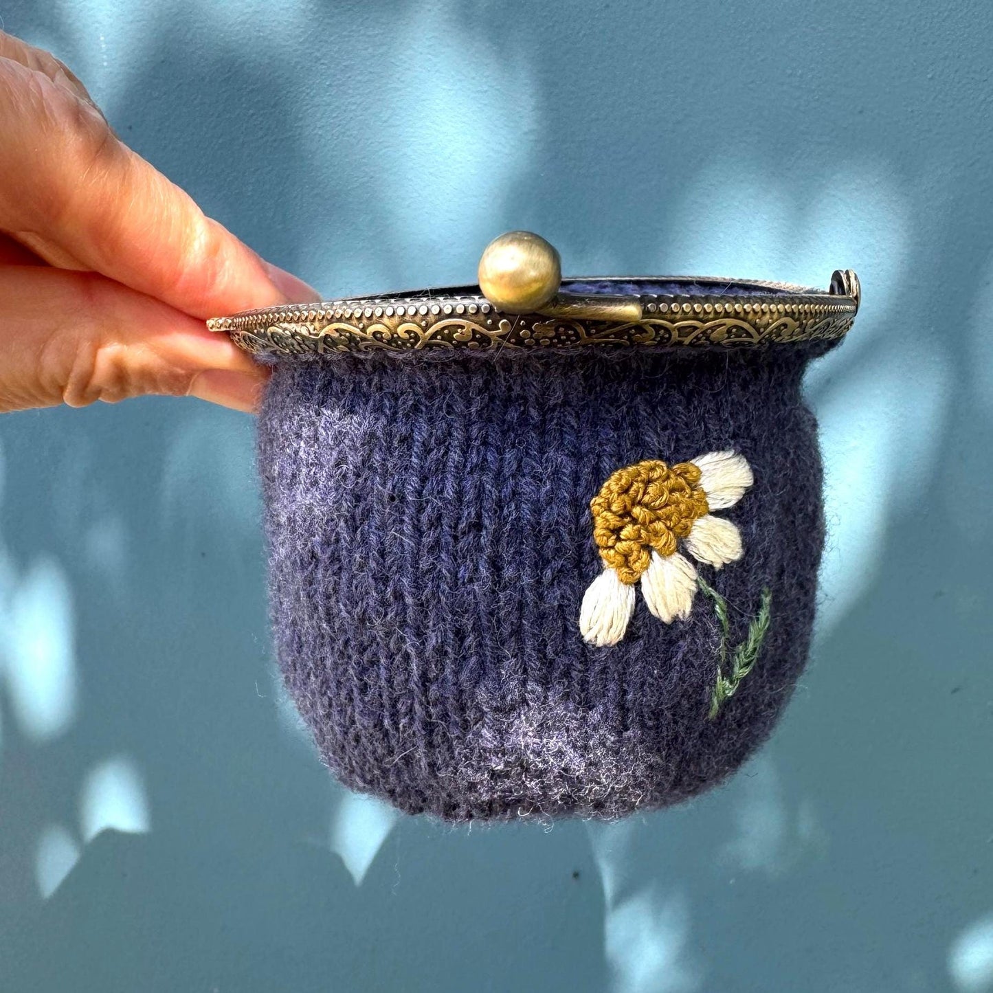 Coin purse | hand embroidered + hand knit | wildflower navy