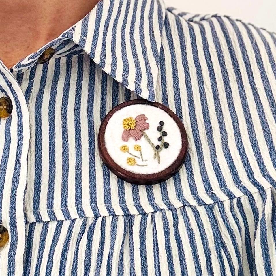Hand Embroidered Floral Felt Brooch Pin ~ wood backing