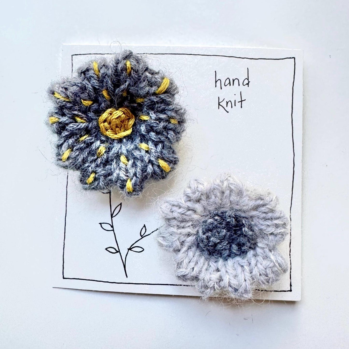 hand knit brooch set- flowers embroidered gray