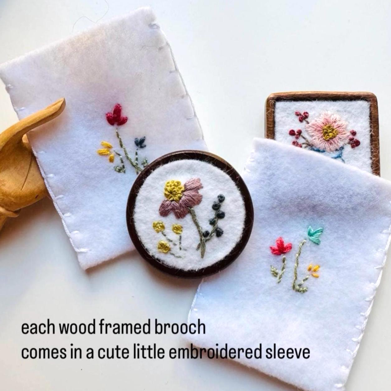 Hand Embroidered Floral Bouquet Brooch Pin ~ wood backing