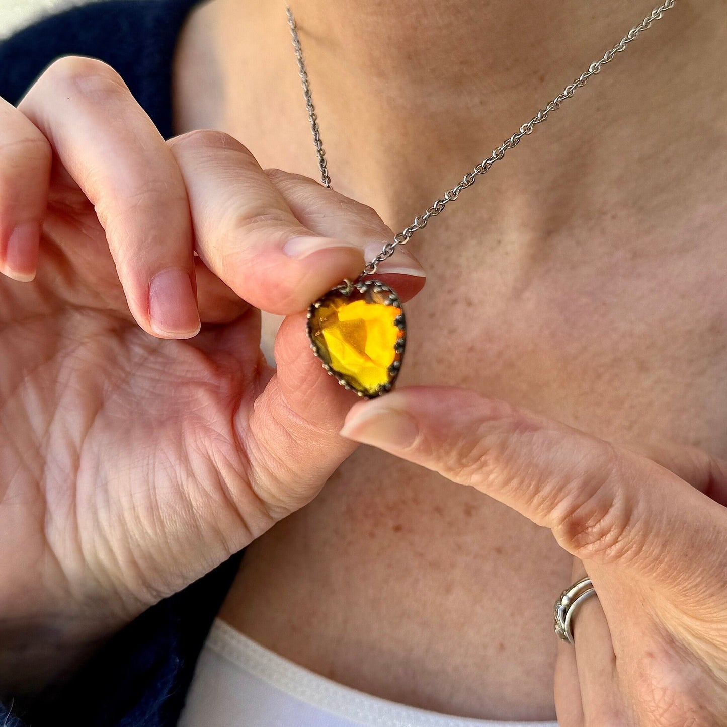 Vintage Heart Pendant Necklace Faux Yellow Sapphire Costume Jewelry