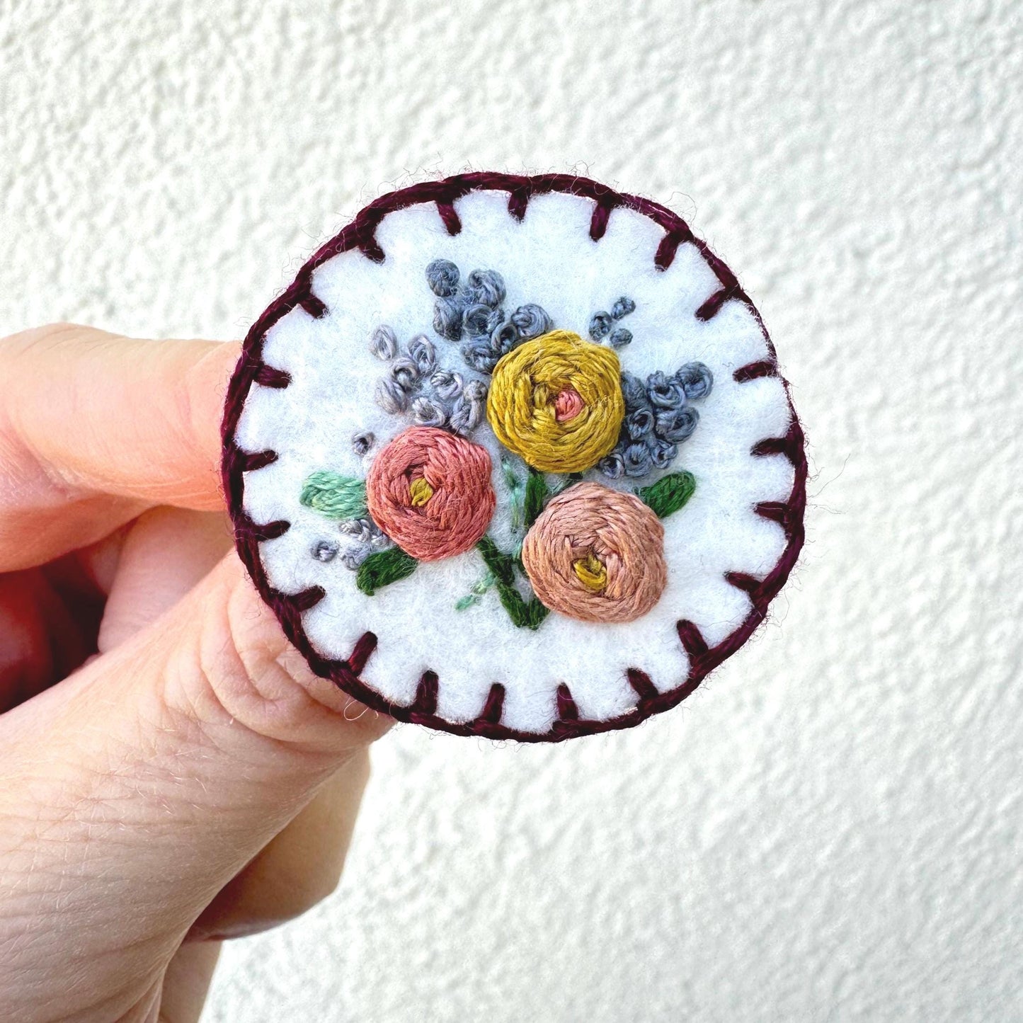 Hand Embroidered Felt Brooch Pin on Card -  Roses + Lilacs