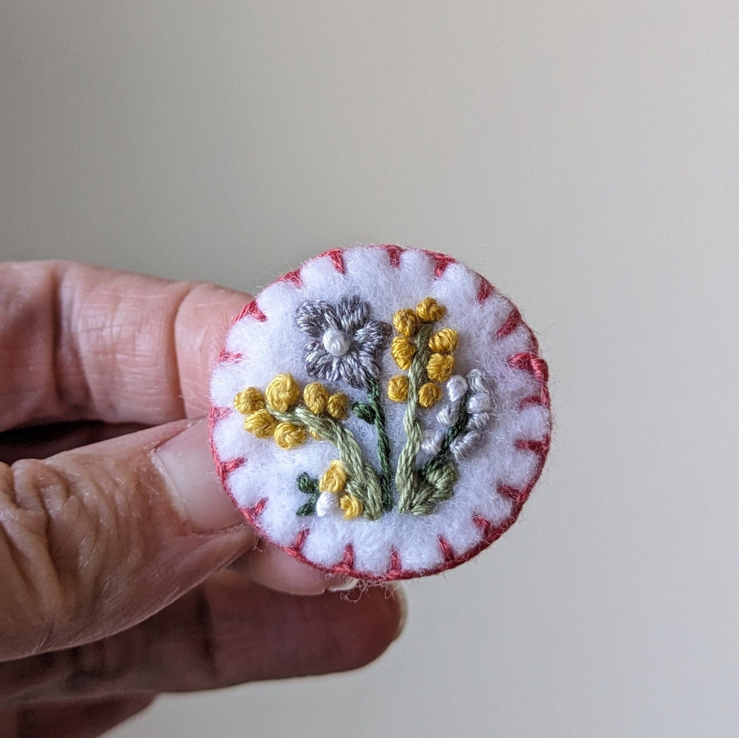 Hand Embroidered Floral Felt Brooch Pin Card~ June Garden