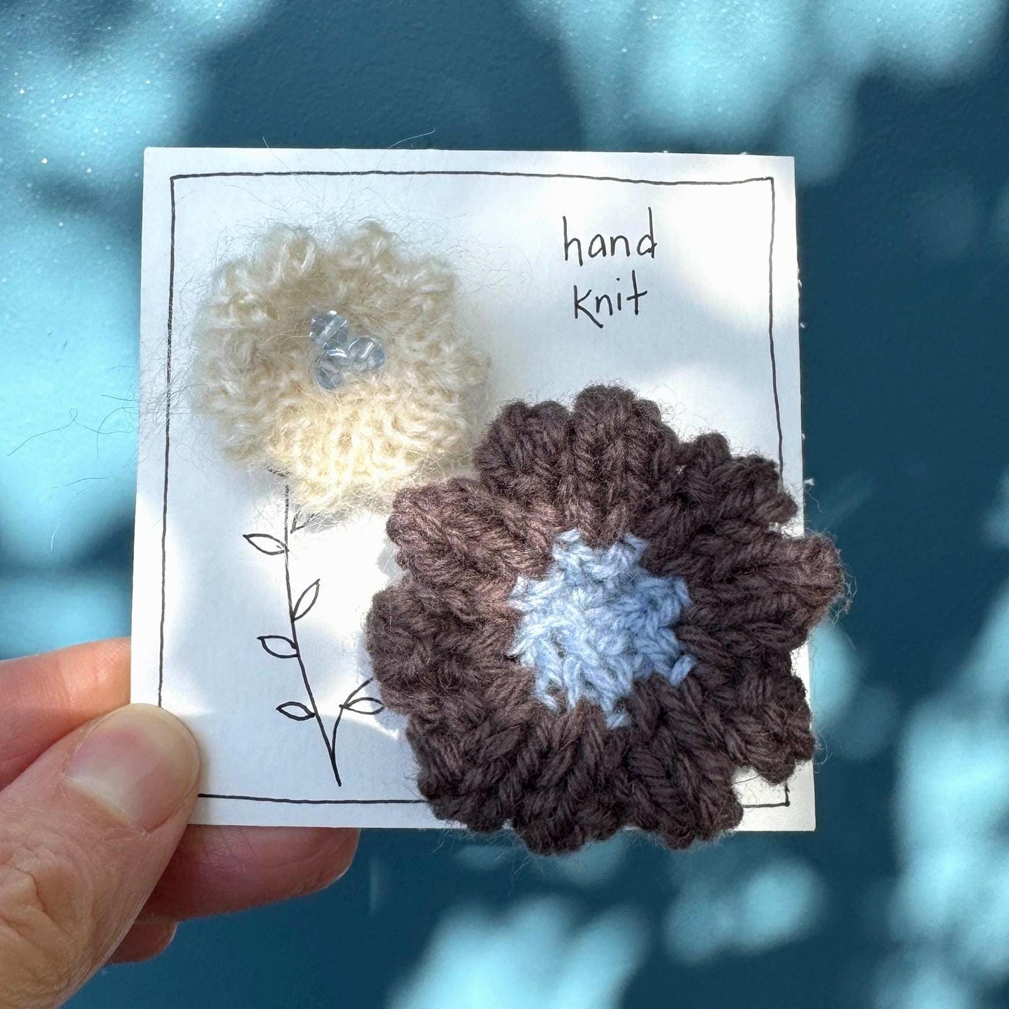 hand knit brooch set- flowers beaded cream and brown