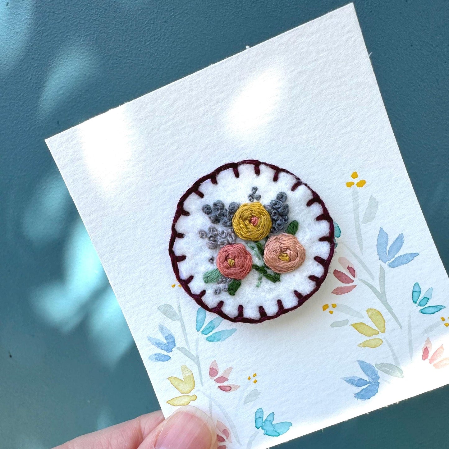 Hand Embroidered Felt Brooch Pin on Card -  Roses + Lilacs