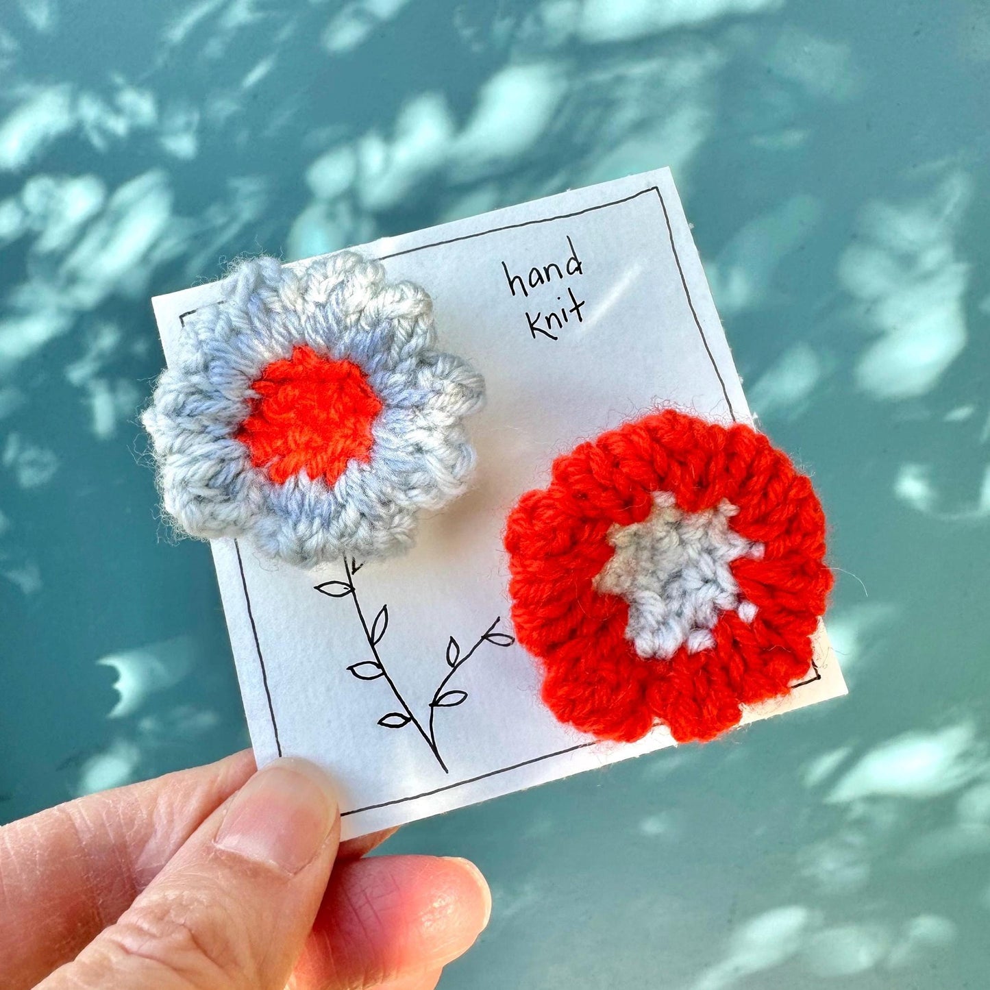 hand knit brooch set- flowers two tone blue + orange