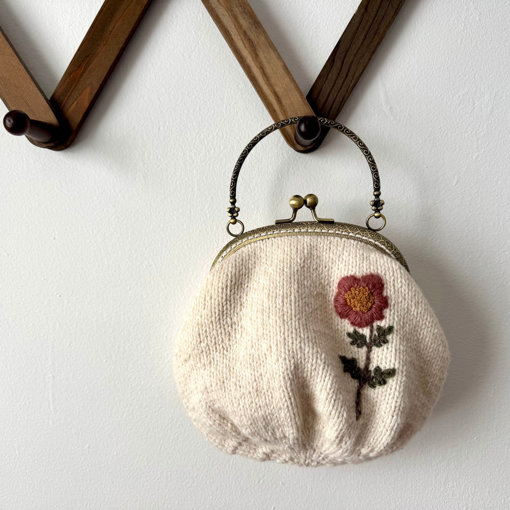 Hand Knit Wildflower Purse | Cream Embroidered Bag with Kiss Clasp