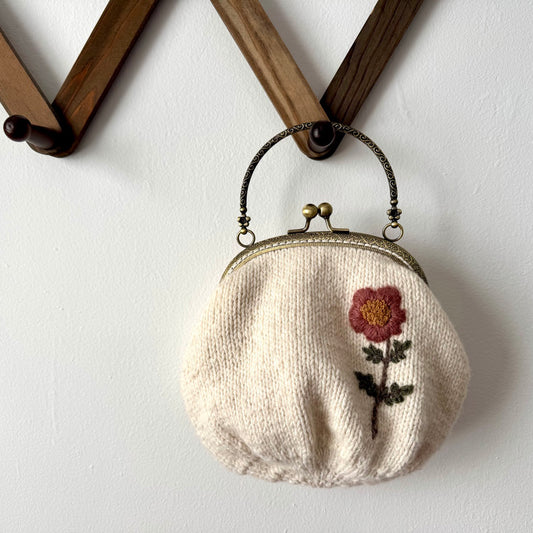 Hand Knit Wildflower Purse | Cream Embroidered Bag with Kiss Clasp